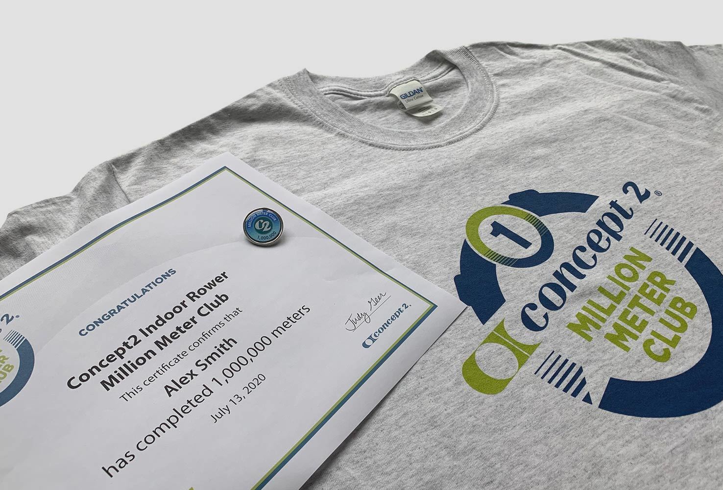 Concept2 Million Meter Club t-skjorte og sertifikat