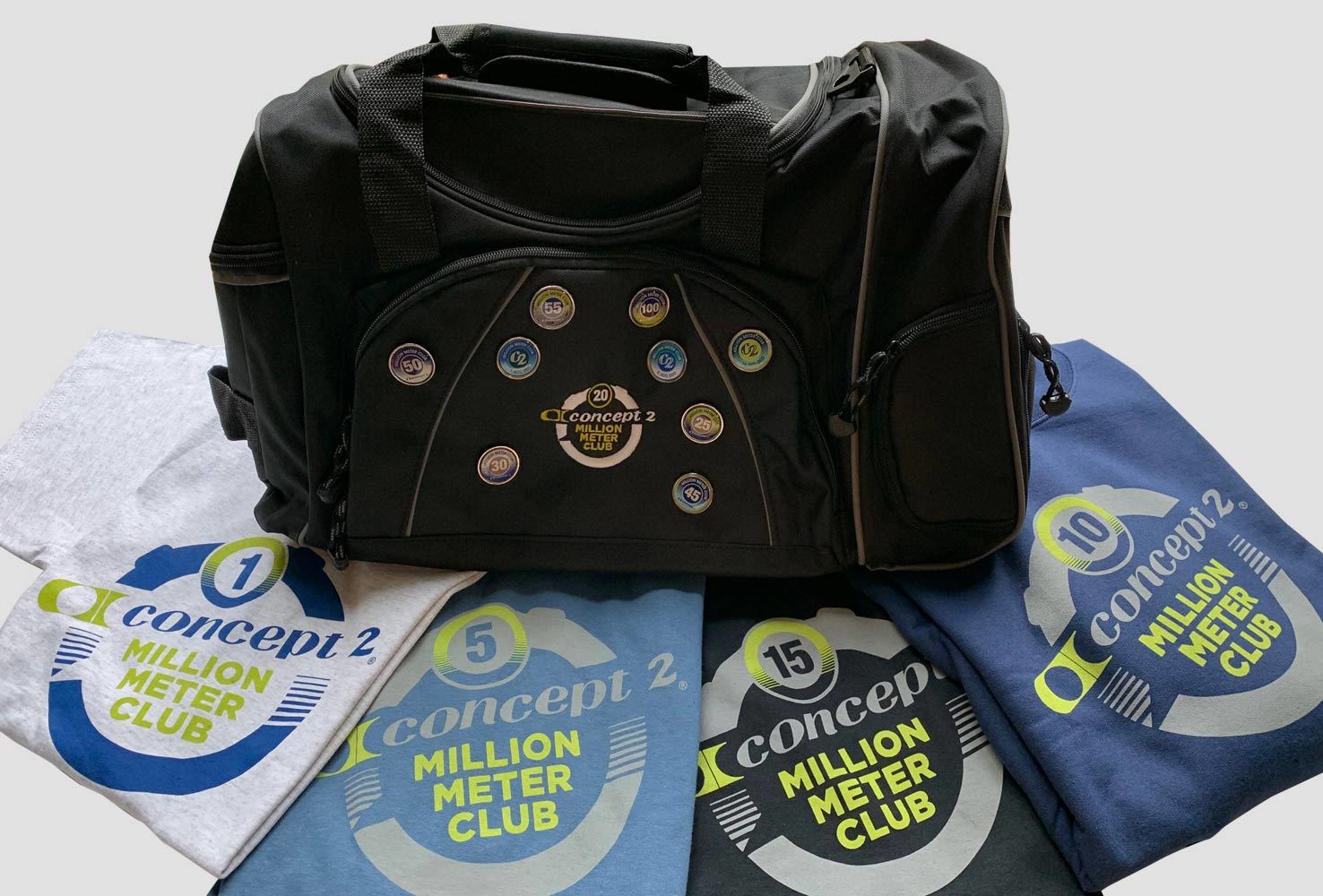 Concept2 Million meter club rewards inkluderer en bag, pins og t-skjorter underveis